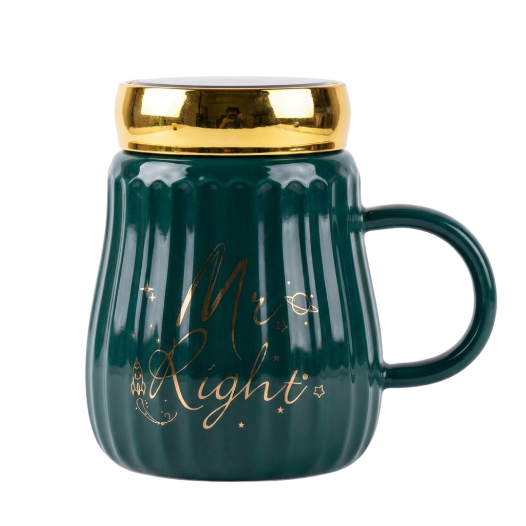 Black Celestial "Miss" Ceramic Mug – Ribbed Coffee Cup with Gold Chrome Lid