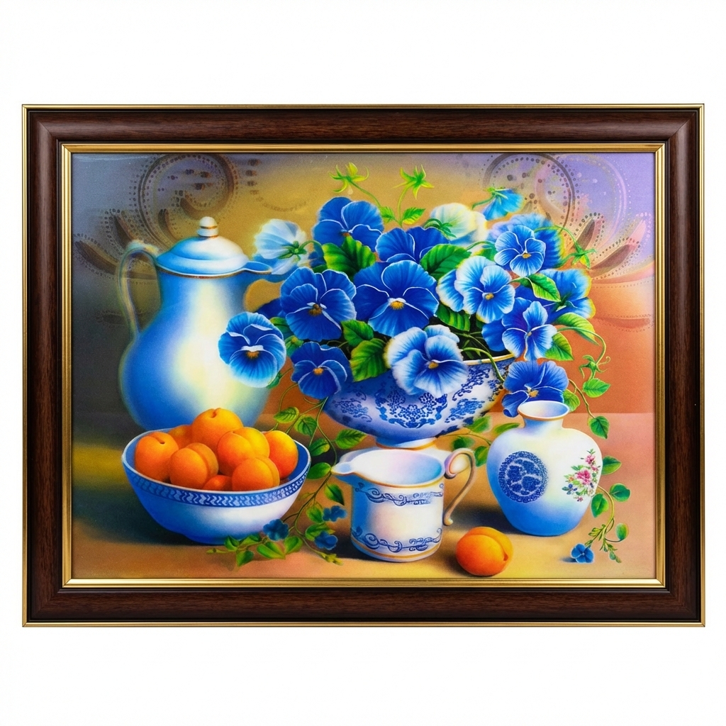 Traditional Floral Oil-Style Painting in Mahogany Wall Frame