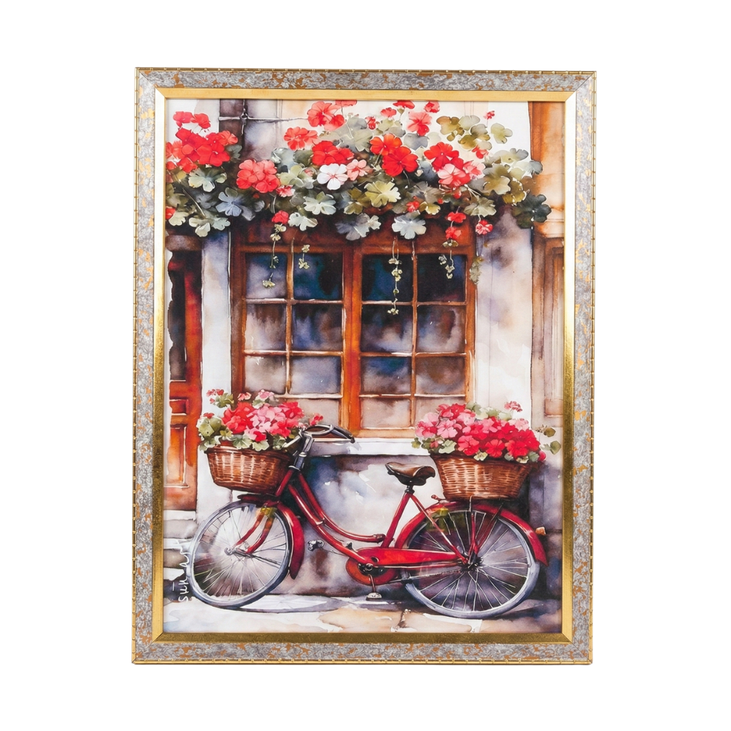 Vintage Red Bicycle Framed Wall Art – Floral European Street Scene for Home Decor