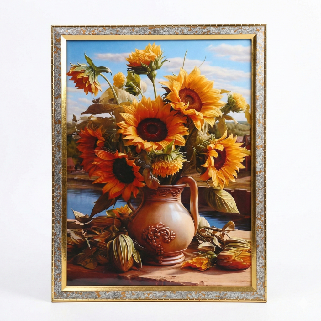 Framed Sunflower Wall Art – Classic Floral Still Life Painting for Home & Office Decor