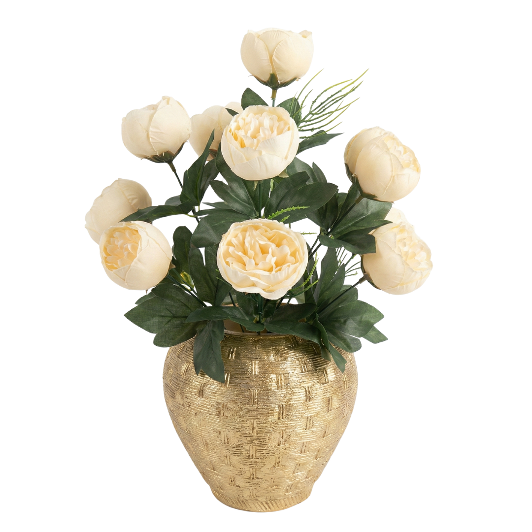 Cream Artificial Peony Flower Arrangement in Gold Decorative Vase