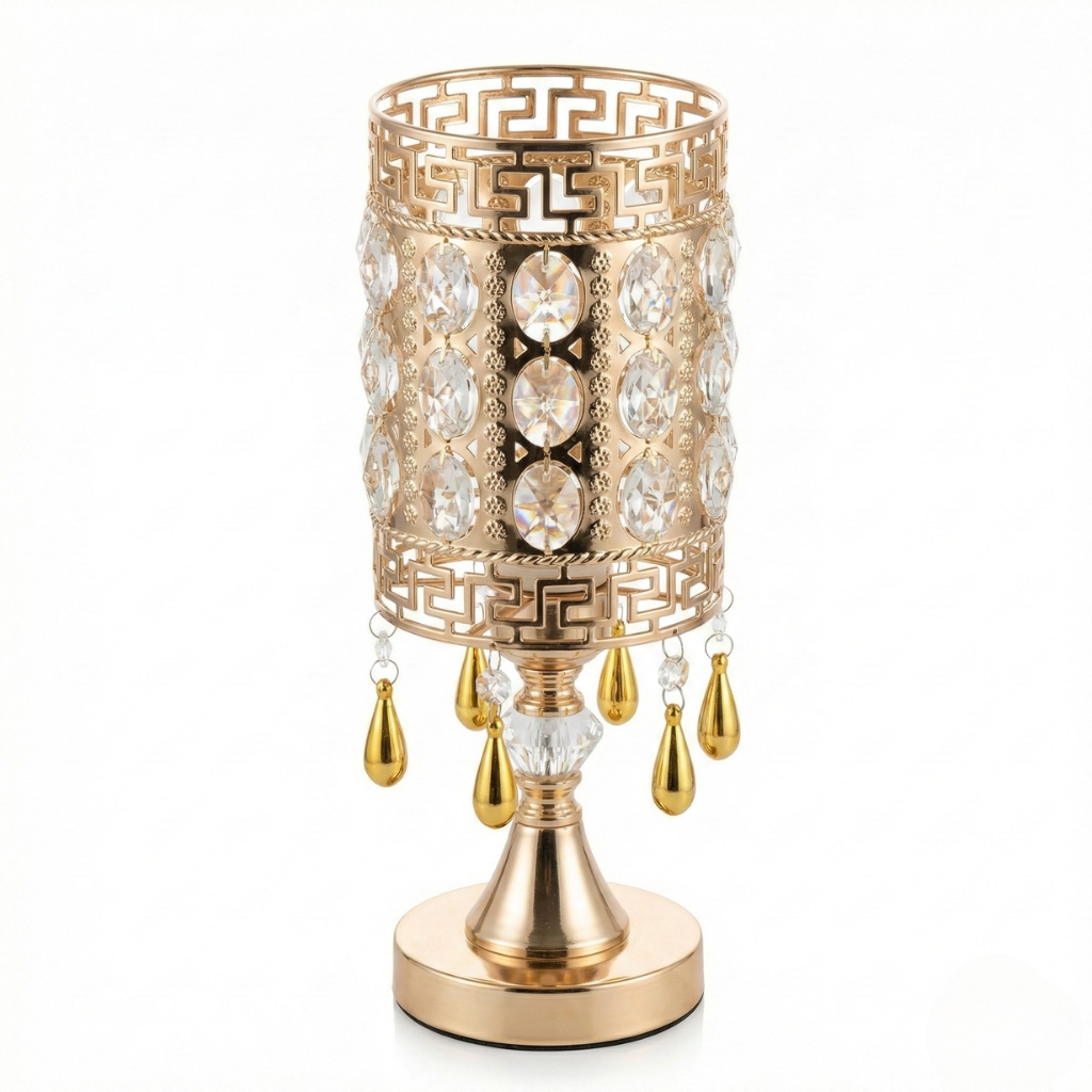 Gold Greek Key Crystal Cylinder Table Lamp