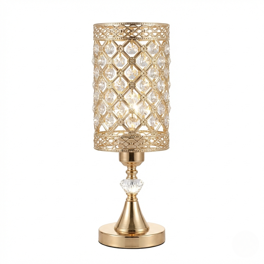 Lattice Gold Filigree Table Lamp with Crystal Inlays