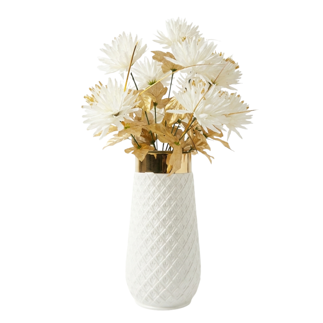 White Ceramic Vase with Gold Rim & Faux White Chrysanthemum Arrangement