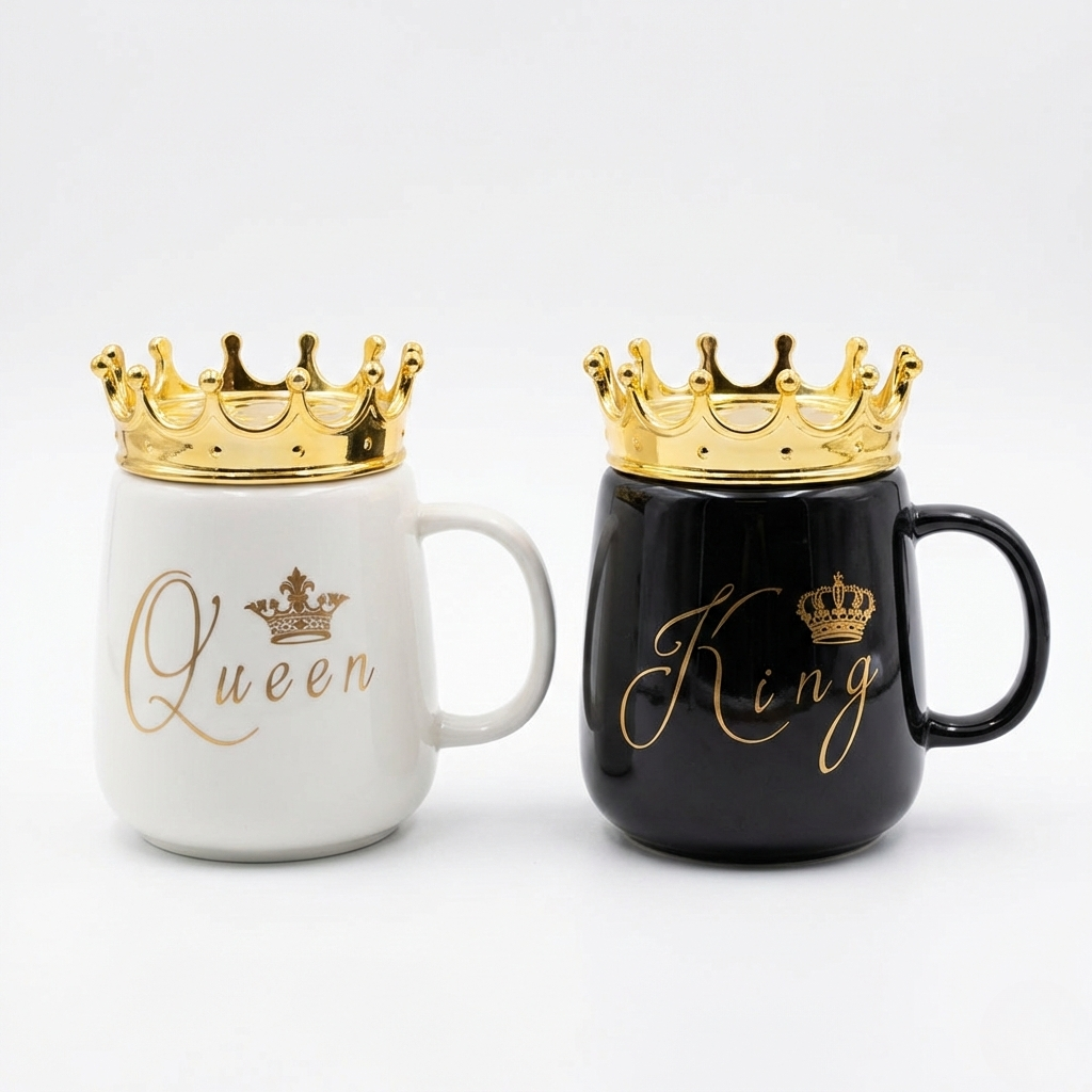 King & Queen Ceramic Mug Set with Gold Crown Lids – Royal Couple Gift