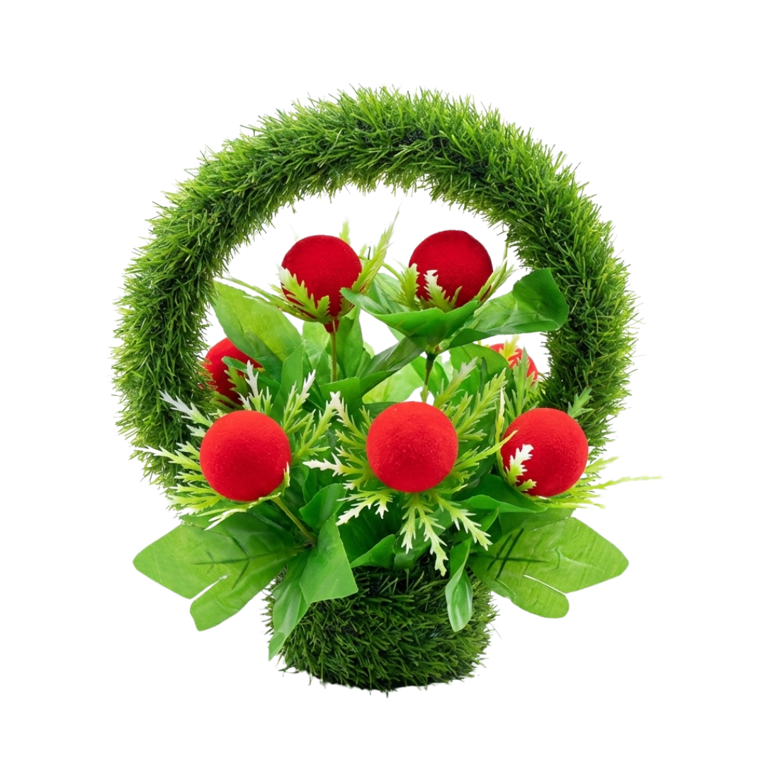 Artificial Grass Basket Decor – Faux Greenery Arrangement with Vibrant Red Accents