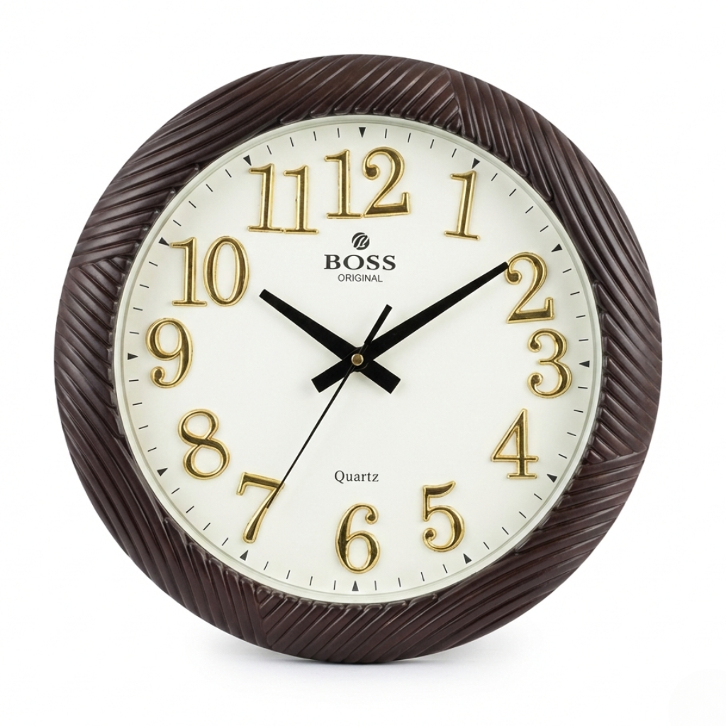 BOSS Original Quartz Wall Clock – Mahogany Texture with Gold Numerals