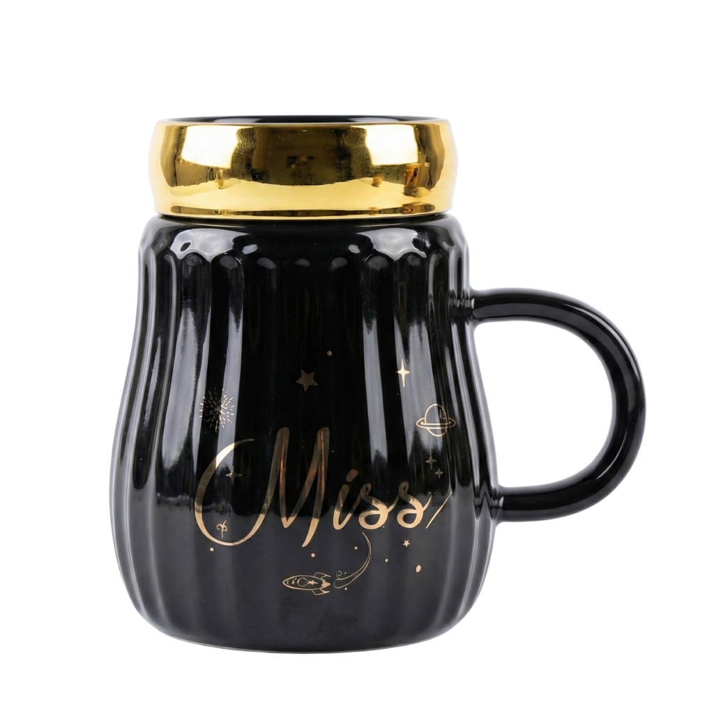 Black Celestial "Miss" Ceramic Mug – Ribbed Coffee Cup with Gold Chrome Lid