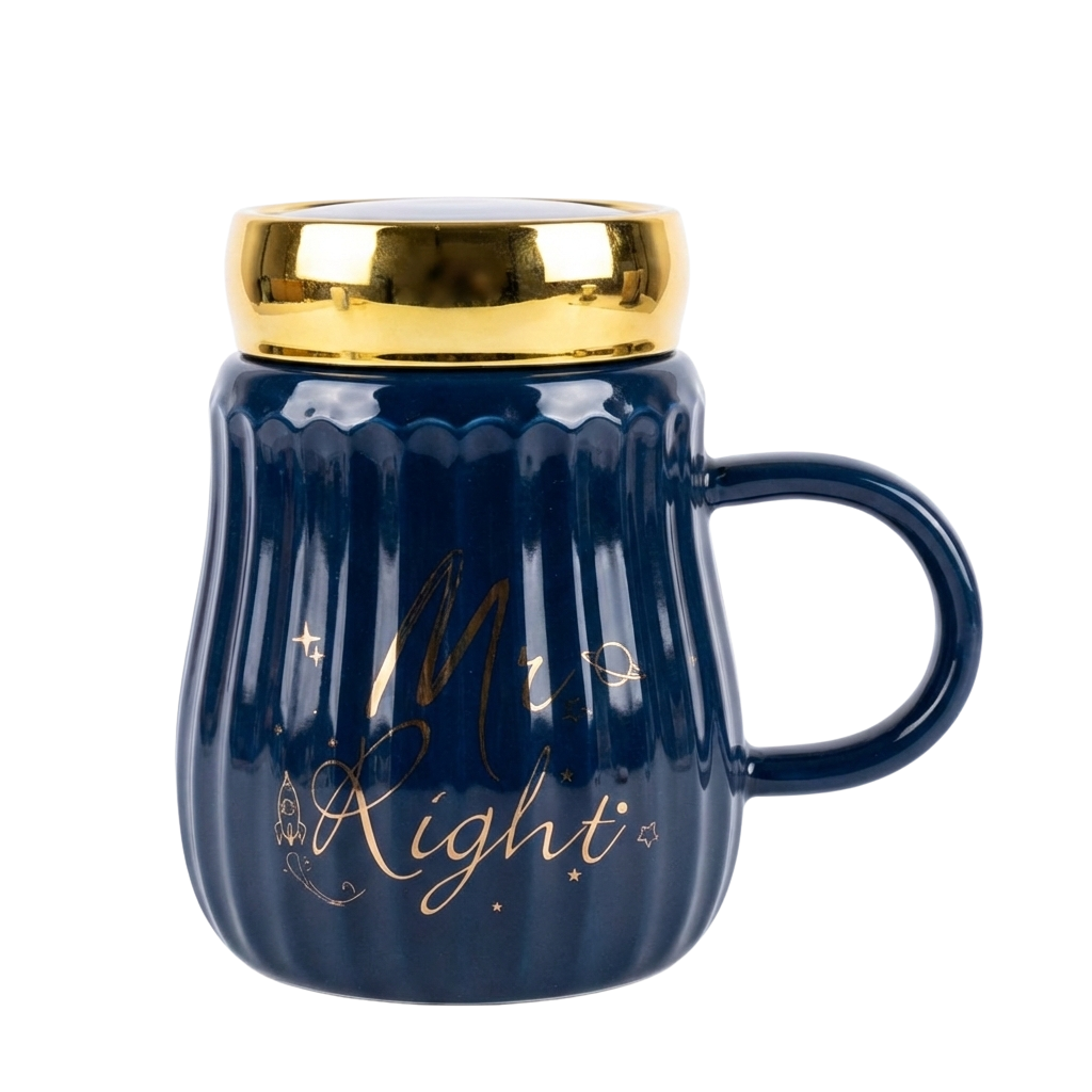 Black Celestial "Miss" Ceramic Mug – Ribbed Coffee Cup with Gold Chrome Lid