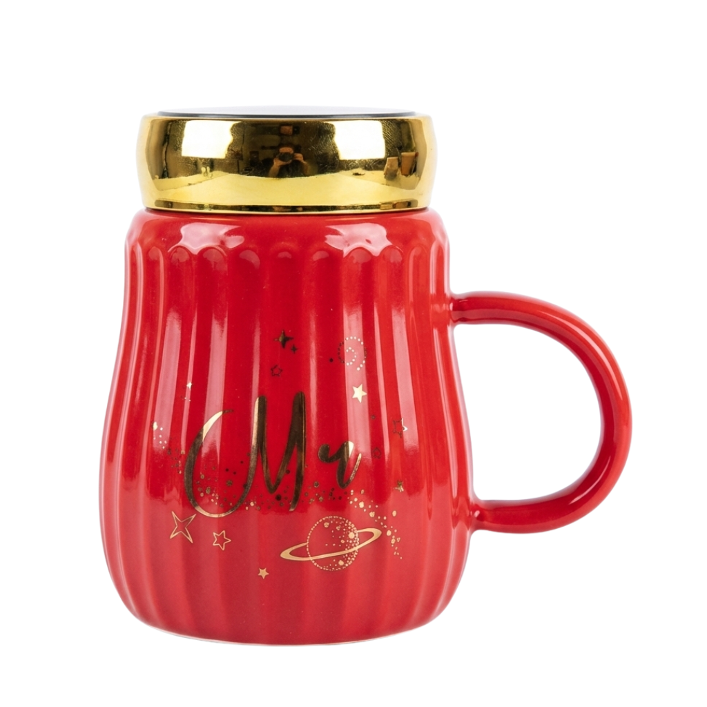 Black Celestial "Miss" Ceramic Mug – Ribbed Coffee Cup with Gold Chrome Lid