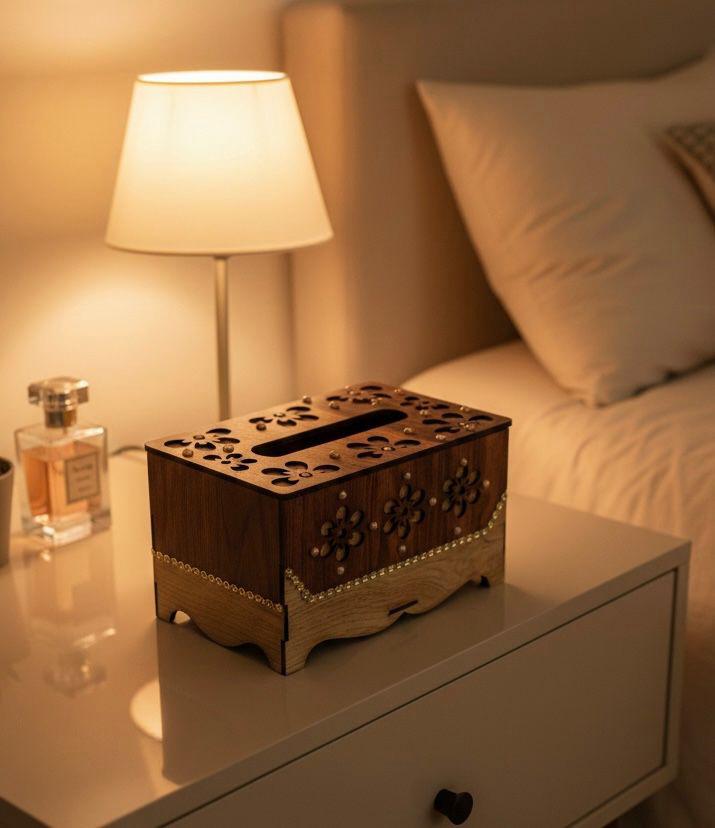 Premium Wooden Tissue Box Cover – Decorative Laser Cut Floral Design
