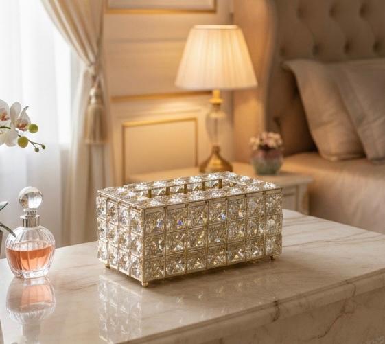 Luxury Gold Crystal Tissue Box Holder – Decorative Glass Tissue Case for Home & Office